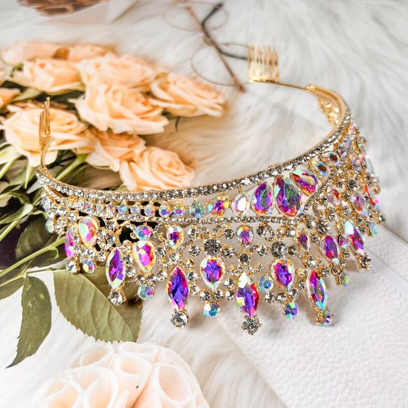 Crown for Women and Girls, Bling AB Tiara Hair Jewelry, Wedding Bridal Headpiece